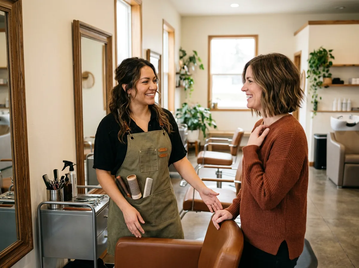 A stylist and client chatting at the mirror.