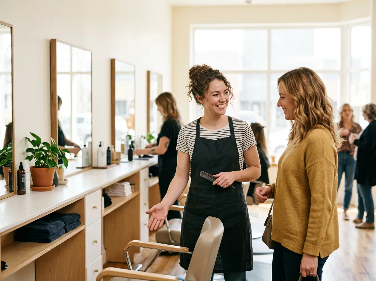 A stylist greets a client in a sunny salon.