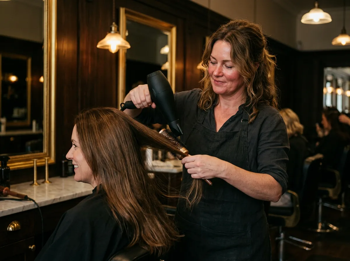 Inside HeroSalon: a stylist at work with a client.