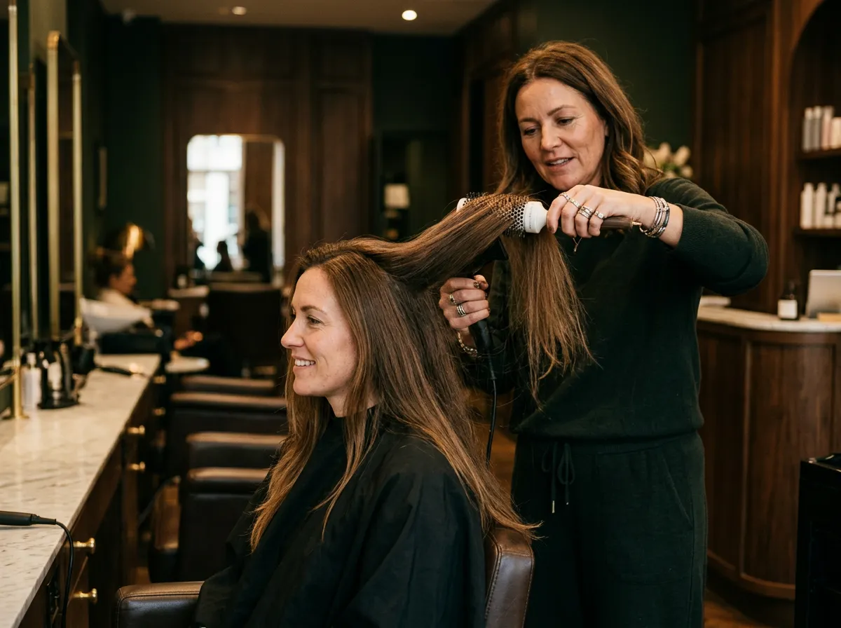 A stylist shapes a client’s hair with a round brush.
