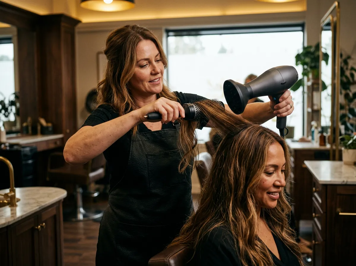 A stylist blow-dries a client’s long, glossy hair.