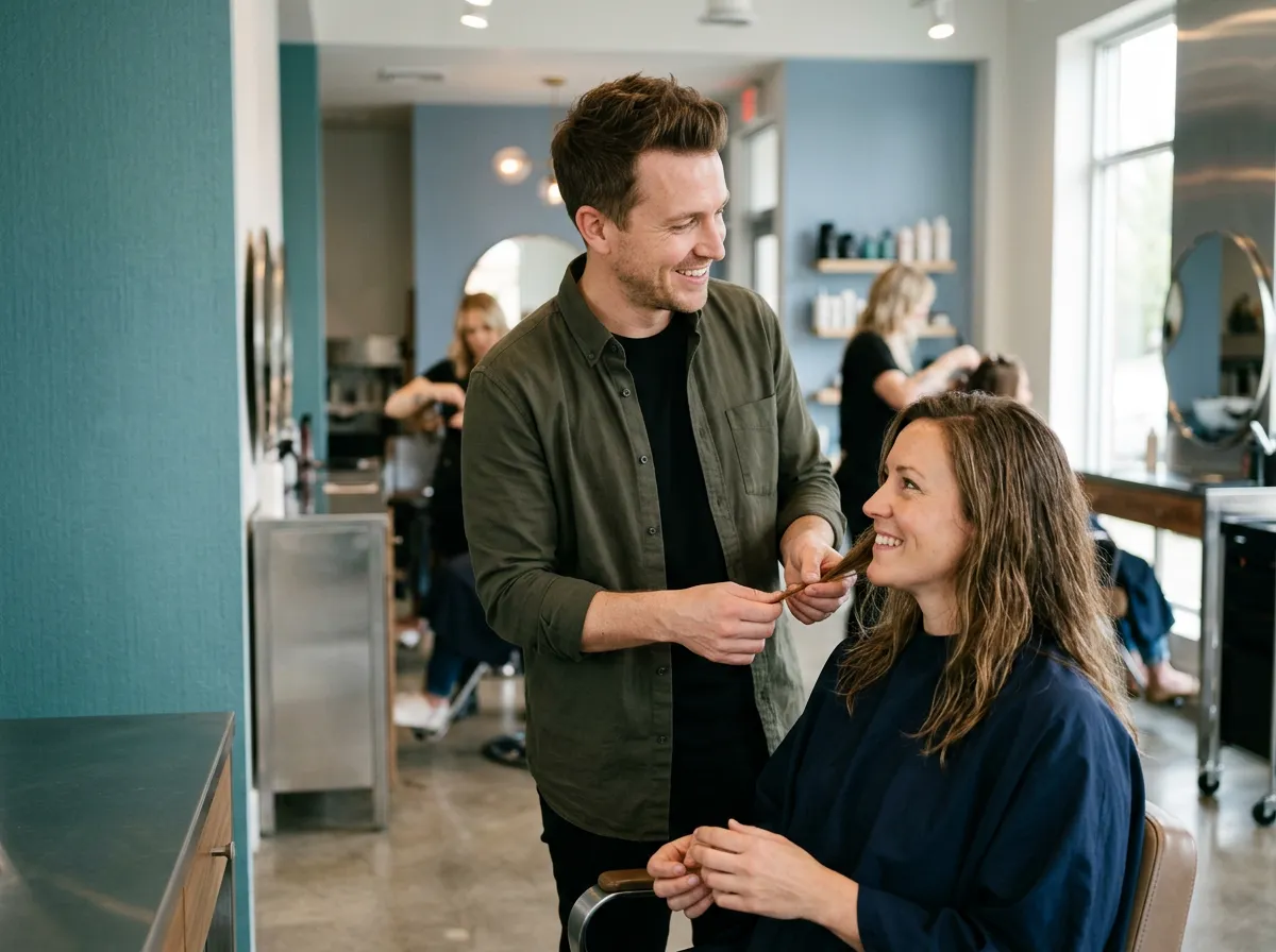 A stylist and client chatting at the mirror.