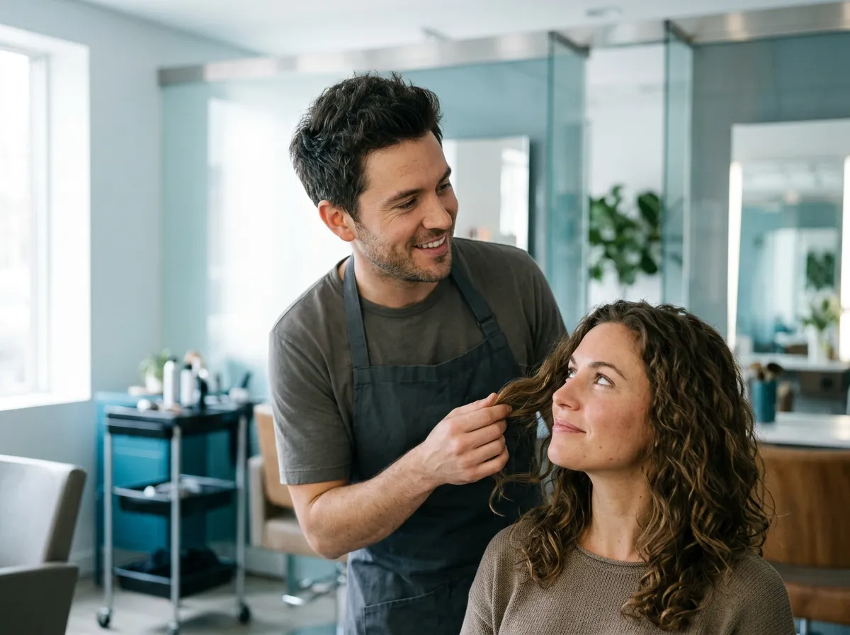 A stylist checks a client’s natural curls in the mirror.