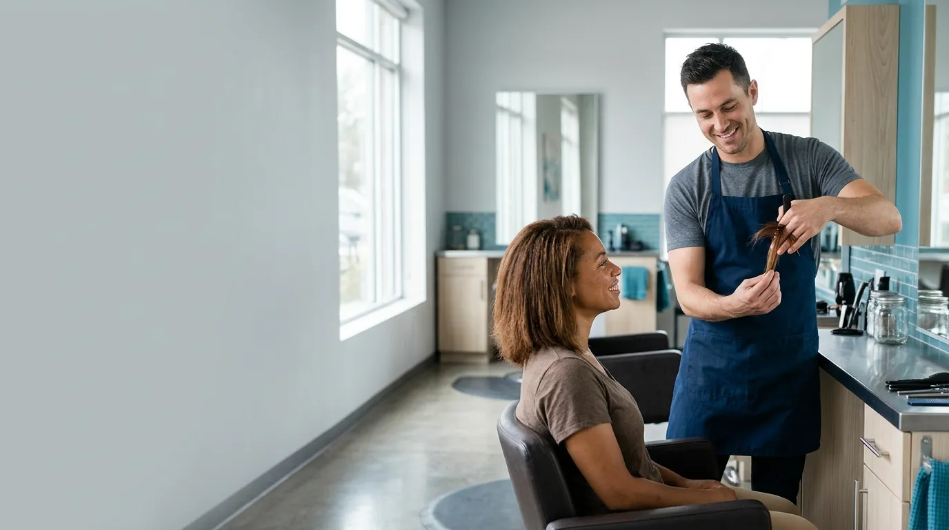 A stylist and client chatting at the mirror.
