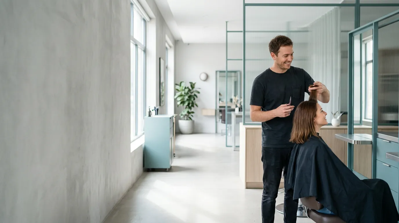 Inside HeroSalon: a stylist at work with a client.