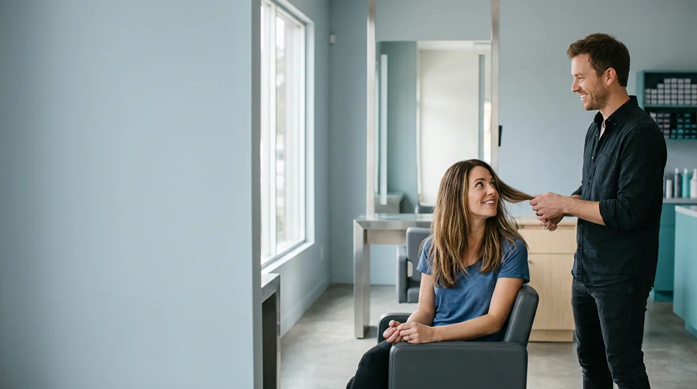 A bright, modern salon floor with a stylist at work.