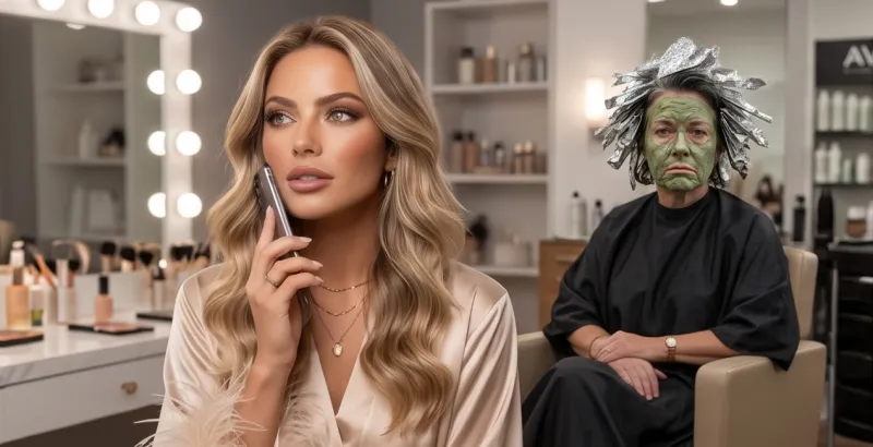 A beauty professional in a satin robe takes a phone call at her salon mirror while her client waits in the chair behind her, hair in foils and a green face mask on.