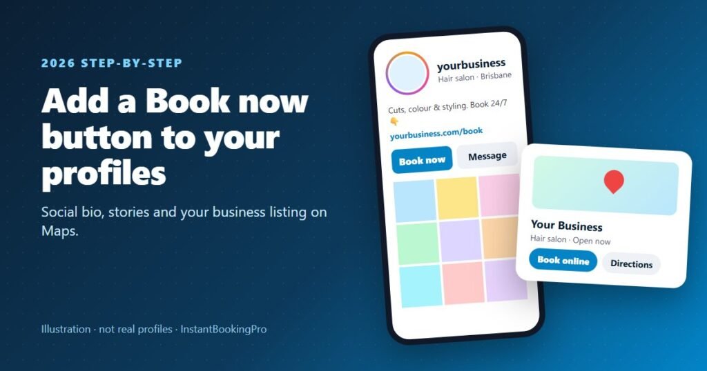 Illustration of a phone profile and a business listing, each with a Book now button