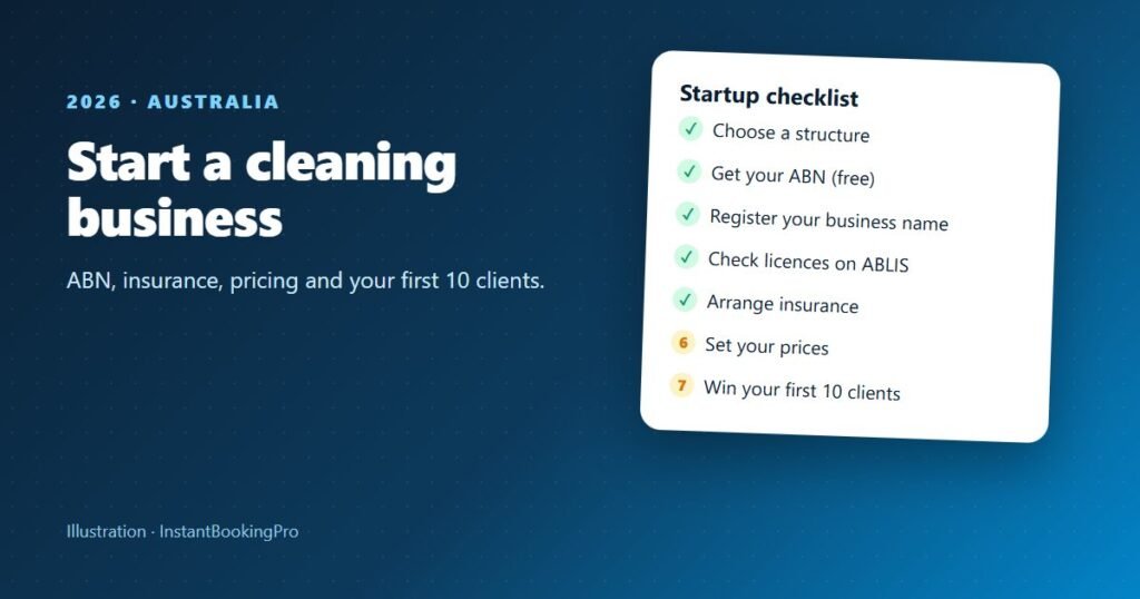 Illustration of a cleaning business startup checklist with ABN, insurance, pricing and first clients
