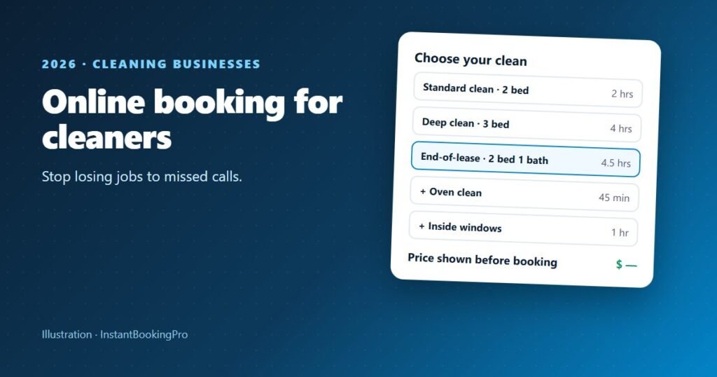 Illustration of a cleaning booking page with cleans priced by property size
